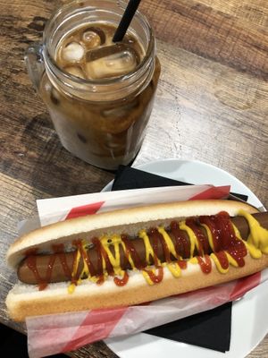 Iced coffee and hotdog  at 3 Three's Coffee Lounge in Birmingham
