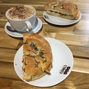 Olive and roasted veg focaccia  at 3 Three's Coffee Lounge in Birmingham