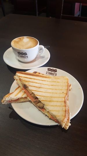 Coffee and toastie at 3 Three's Coffee Lounge in Birmingham