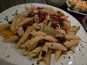 Vegan penne pasta with tofu, portobello mushrooms, kalamata olives, sun dried tomatoes, artichokes, and lemon oregano dressing. at Sarah Street Grill in Stroudsburg