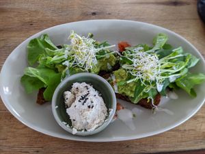 Avocado toast with vegan feta cheese at Greenlight Cafe & Bar in Koh Samui