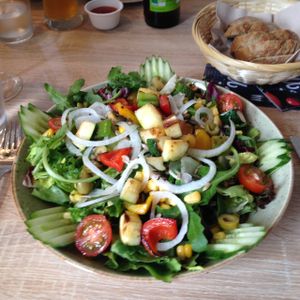 big barca seeds salad with bread at My Heart Beats Vegan in Mannheim