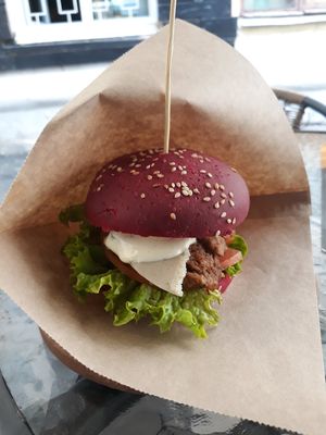 Pink burger at One Planet in Kyiv