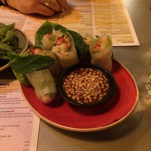 Vegan fresh spring rolls with peanut hoisin sauce. at Tampopo in Manchester