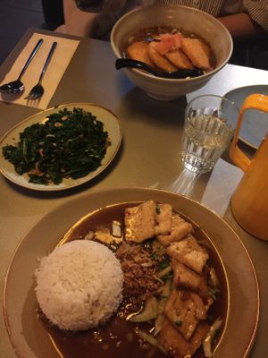 Kale and coconut stir fry, Katsu curry udon, tamarind tofu. at Tampopo in Manchester