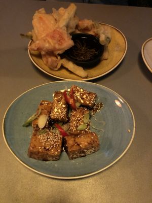 Veggie tempura and sticky tofu as sides  at Tampopo in Manchester