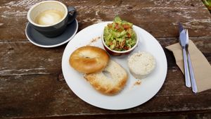 Vegan bagel, home made cashew cheese and home made guacamole. at Home Coffee - Southsea in Portsmouth