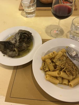 Roman artichoke and Vegan carbonara  at Officina in Verona