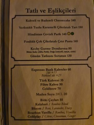 Drinks and deserts menu at Oburus Momus in Kas
