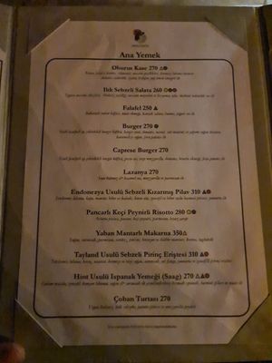 Main dishes menu at Oburus Momus in Kas