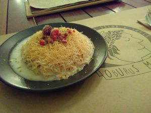 Vegan Turkish dessert with phyllo dough at Oburus Momus in Kas