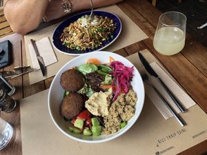 Falafel bowl,Pad Thai, and ginger soda at Oburus Momus in Kas