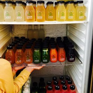fresh hydraulically pressed juices are made on the premises daily  at Badaboom in Nice