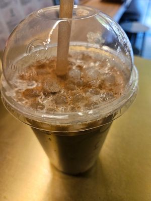 Iced chai latte with oat milk at Green&Berry in Barcelona