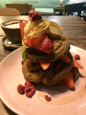 Huge and delicious GF vegan matcha pancakes! at Green&Berry in Barcelona