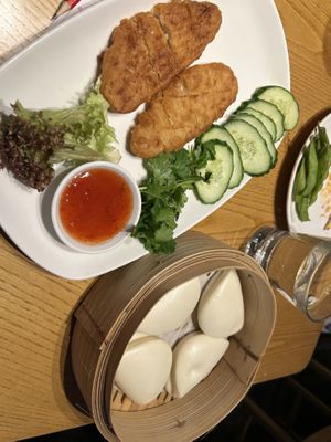Vegan bao buns with vegan fish  at Ping Pong Dim Sum in South East London