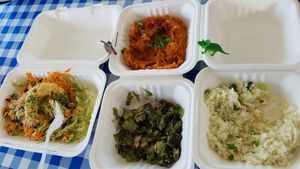 Four sides: sweet potato, cauliflower rice, seasonal veg and cabbage salad.  at Jurassic Cart in Portland