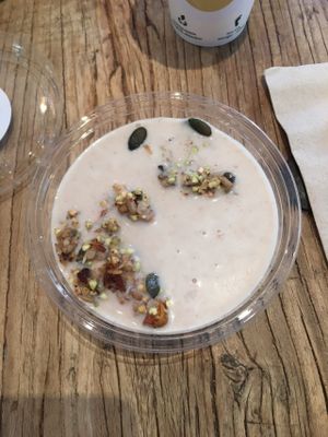 Breakfast menu - musli, almond milk, juice and a cup of tea. Pretty good and yummy.  at Ziva To Go - Market in Mallorca