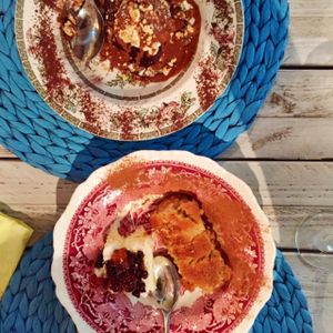 gluten free chocolate brownie with ice cream and vegan coconut and apple tart  at Yard of Taste in Zakynthos