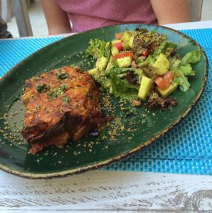 vegan moussaka with gorgeous side salad the moussaka was a taste sensation! at Yard of Taste in Zakynthos