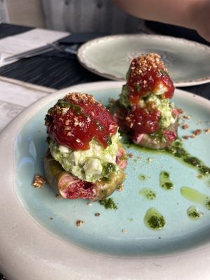Figs with vegan feta, tomato marmelade and pesto, topped with sesame and oil  at Yard of Taste in Zakynthos