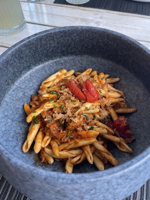 Minced vegan meat pasta  at Yard of Taste in Zakynthos