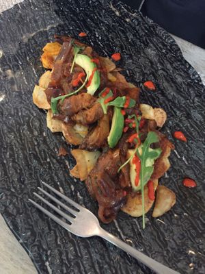 roasted eggplant with avocado over fried potatoes  at Yard of Taste in Zakynthos