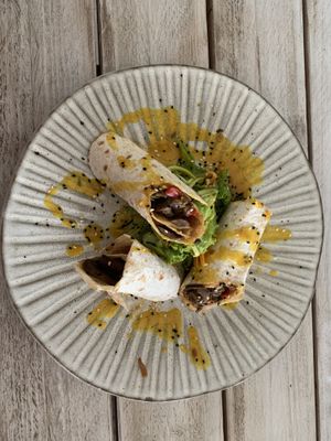 Vegetable fajitas for starters. The mango sauce is unreal!  at Yard of Taste in Zakynthos