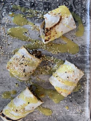 Starter, fajitas with veg in them and a delicious mango/lemon drizzle at Yard of Taste in Zakynthos