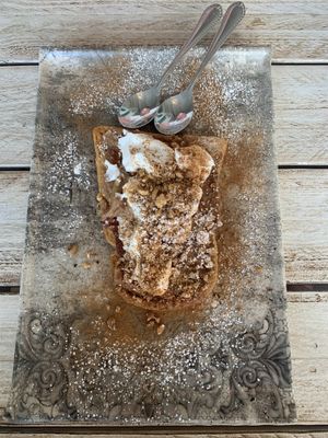 Desert with peanut butter mouse and raspberry compote on bread fried in peanut butter. The dish is light and airy and so so yum at Yard of Taste in Zakynthos