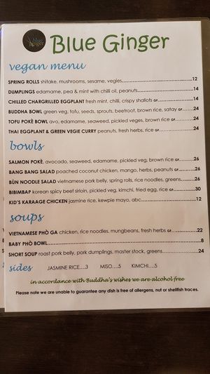 vegan menu at Blue Ginger in Whitianga