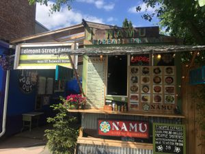 Front of truck and pod at Namu Food Truck in Portland