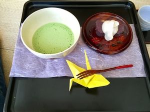 Dessert: Matcha and red bean cake with tofu crème fraîche at Shanti Yoga Vegan Cafe in Hiroshima
