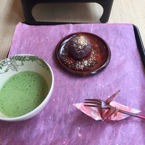 red bean rice ball and matcha tea at Shanti Yoga Vegan Cafe in Hiroshima