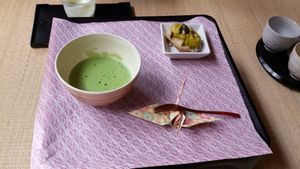 Dessert: Bananas with pumpkin puree and matcha at Shanti Yoga Vegan Cafe in Hiroshima