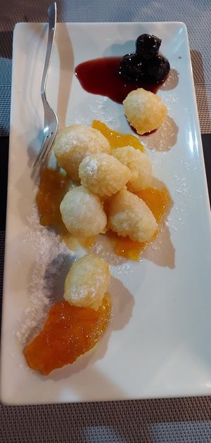 Fritters with jam (mango) like tiny 'oliebollen' at Land of Freedom in Fuerteventura