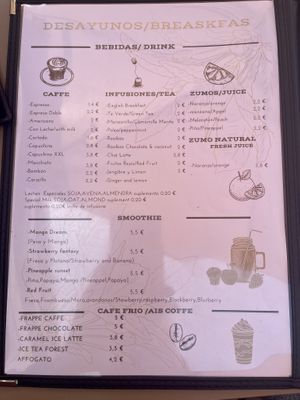 This is the menu as at end of June 2022 - a few vegan options, but they do have a good range of milks and a nice coffee!  at Me Gusta in Mallorca