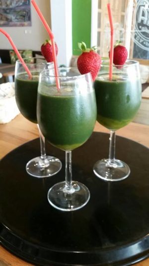 Green Smoothie of fresh fruit with the addition of chlorella, chia seeds, spirulina and matcha at Me Gusta in Mallorca