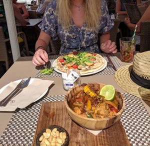 Vegan pizza for me and my boyfriend had the wok noodle dish which can be made vegan! at Me Gusta in Mallorca