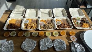 From left to right: Chicharron, Carnitas, Carnitas, Pastor, Asada   at Taqueria La Venganza in Oakland