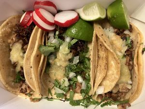 Mushroom carnitas tacos (2 on left) and asada taco (1 on right)  at Taqueria La Venganza in Oakland