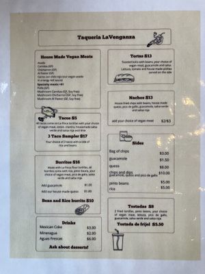 Menu as of 2024-02-20  at Taqueria La Venganza in Oakland