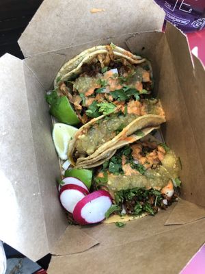 Three tacos with different fillings - all delicious  at Taqueria La Venganza in Oakland
