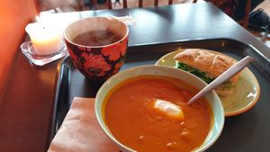 Vegan sweet potato and tomato soup, vegan sandwich and tea included at Ma Baker in Karrtorp