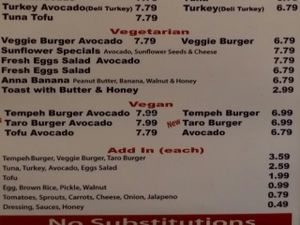 vegan menu at Ruffage Natural Foods in Honolulu