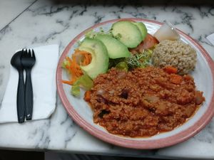 Vegan chili with rice and avocado  at Ruffage Natural Foods in Honolulu
