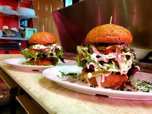 Hummus House style Beyond meat vegan burger.  at HANDHELDZ in Bethlehem