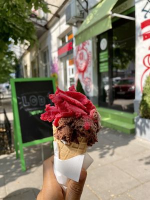 Cherry and chocolate in a cone  at Vegestacja in Warsaw
