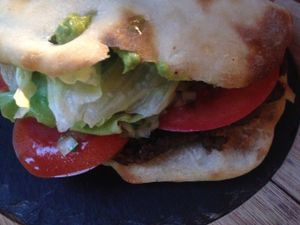 Vegan bread and lentil burger at Amerindia in Puerto Natales