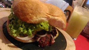 black beans / beetroot burger at Amerindia in Puerto Natales